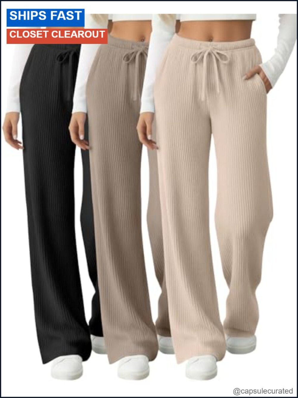 Women's Ribbed Knit Wide Leg Pants 3 Pack Drawstring Yoga Sweatpants